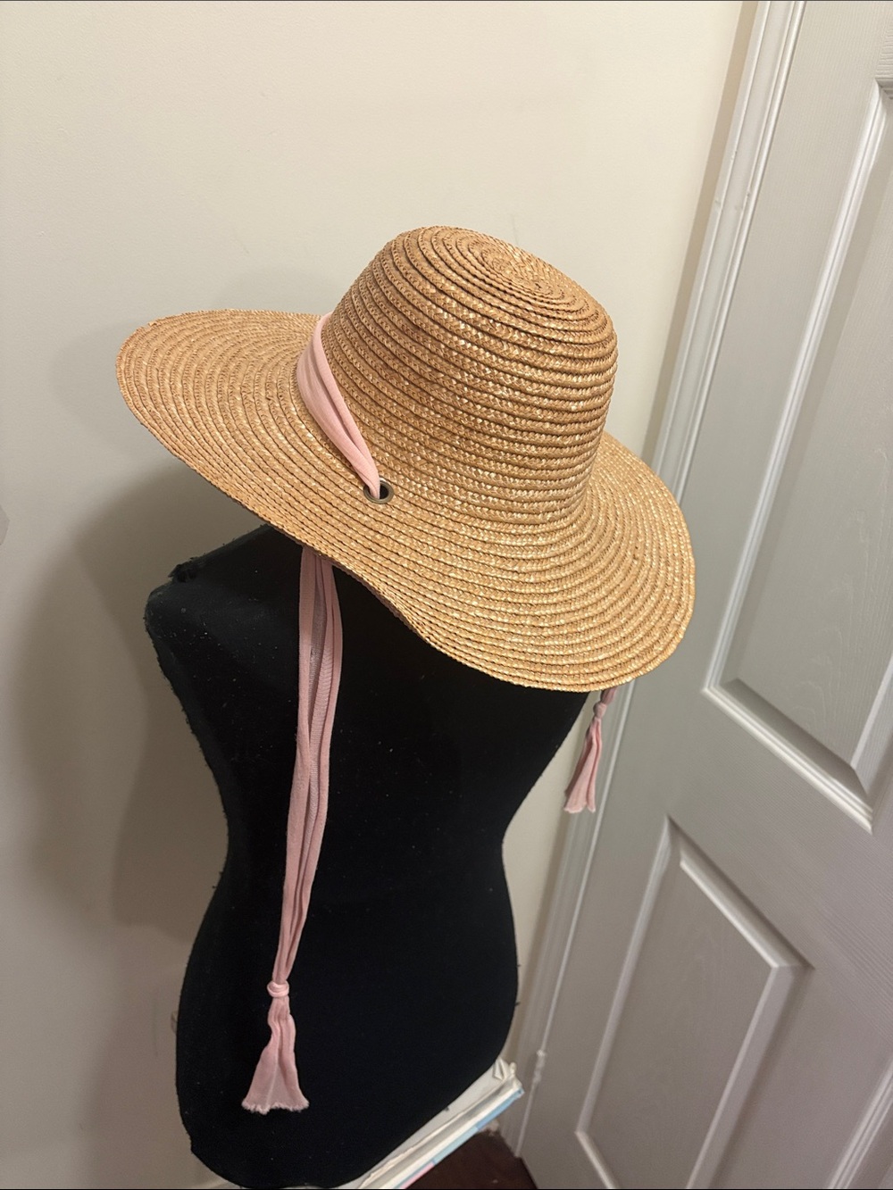 Vintage Straw Sun Hat with Pink Ties - Women's Summer Beach Hat